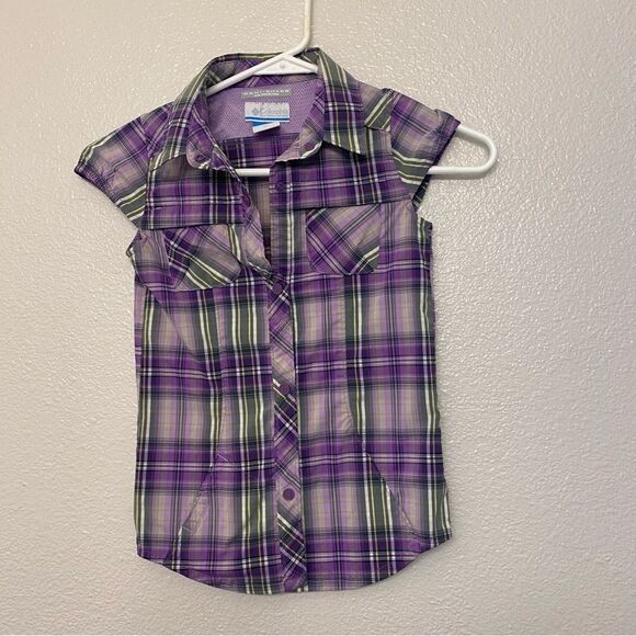 Columbia girls Youth Purple plaid cap sleeve Omni Shade button snap shirt 6X - Picture 1 of 8
